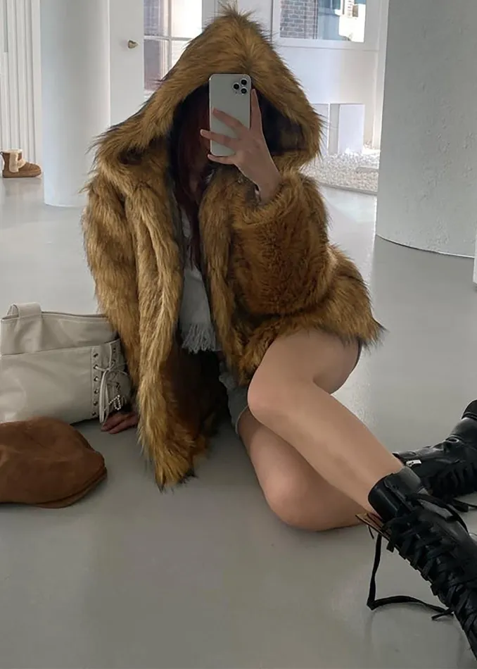 Women Nivala Faux Fur Hooded Jacket 8211 Camel The Frankie Shop Outerwear