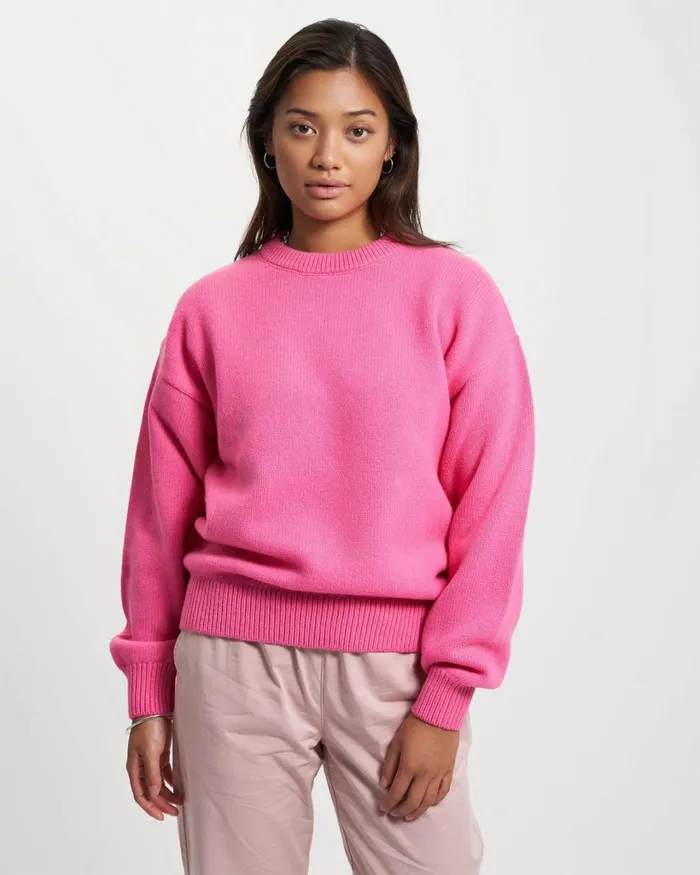 Women Oversized Merino Wool Crew Emerald Green Colorful Standard Knit Sweaters