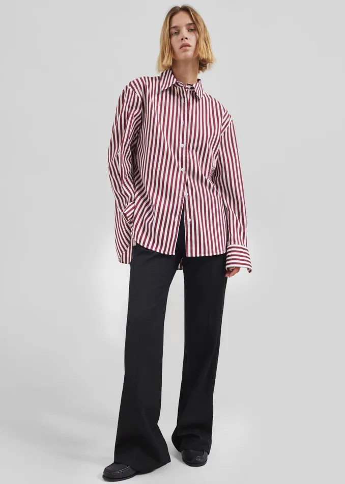 Women Peri Striped Poplin Shirt 8211 BurgundyWhite The Frankie Shop Tops