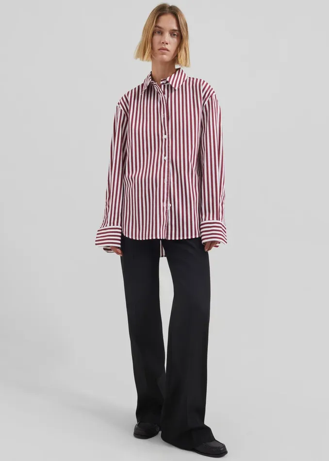 Women Peri Striped Poplin Shirt 8211 BurgundyWhite The Frankie Shop Tops