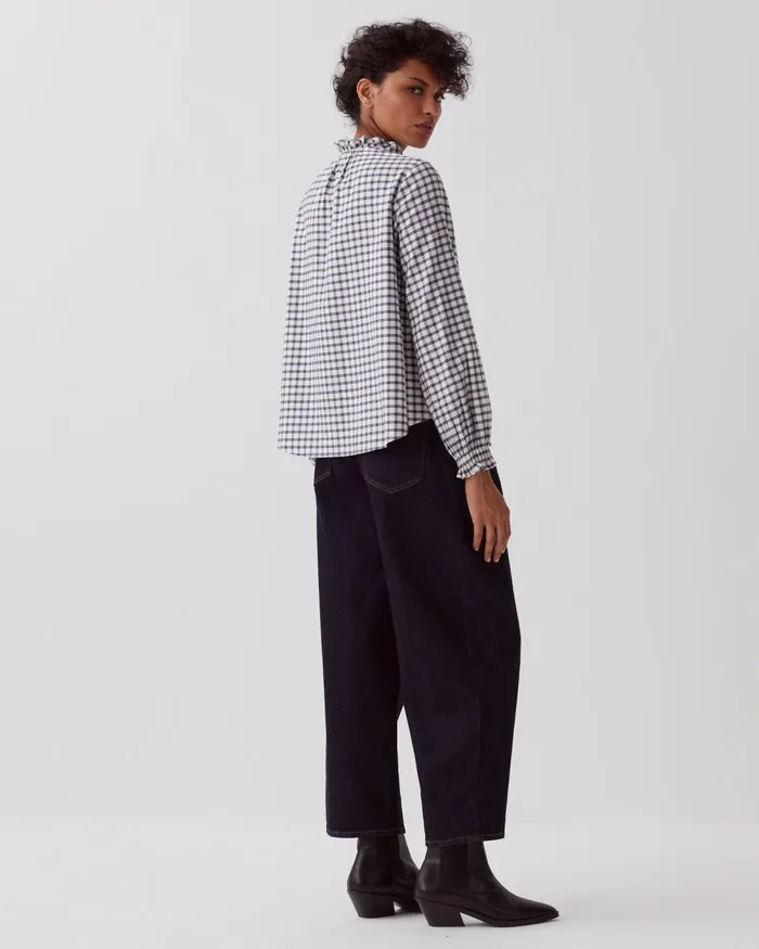 Women Ruffle Neck Blouse Check Creme Gray Comptoir Des Cotonniers Blouses and Shirts and Tops Women Ruffle Neck Blouse Check Creme Gray Comptoir Des Cotonniers Blouses and Shirts and Tops