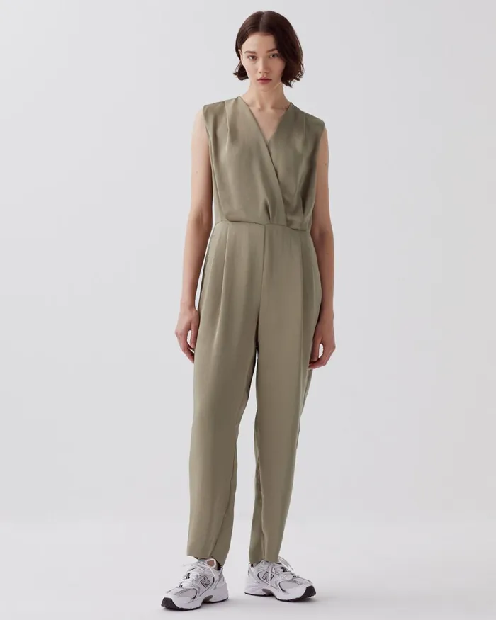 Women Silky Loose Jumpsuit Covert Green Comptoir Des Cotonniers Dresses and Jumpsuits