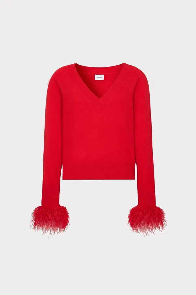 Women Sweaters and Knits Milly Feather Cuff VNeck Sweater Red