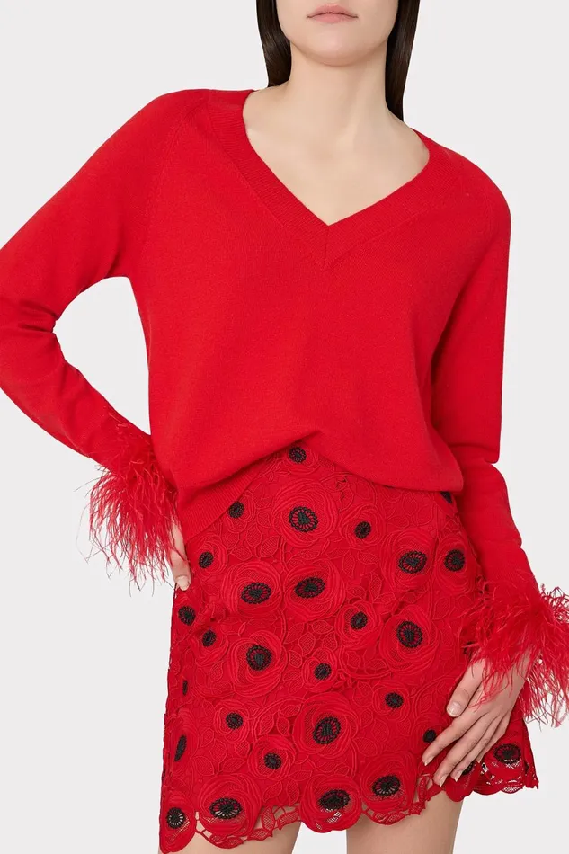 Women Sweaters and Knits Milly Feather Cuff VNeck Sweater Red Women Sweaters and Knits Milly Feather Cuff VNeck Sweater Red