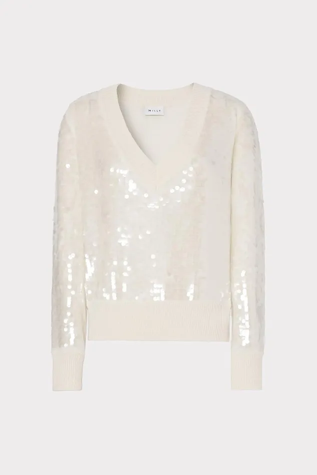 Women Sweaters and Knits Milly Ilaria Sequin VNeck Sweater Ecru