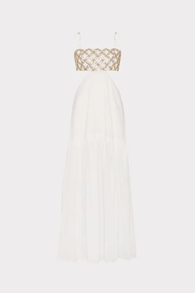 Women Swim and Coverups Milly Atalia Mirrored Embroidery Maxi CoverUp Dress Whitegold