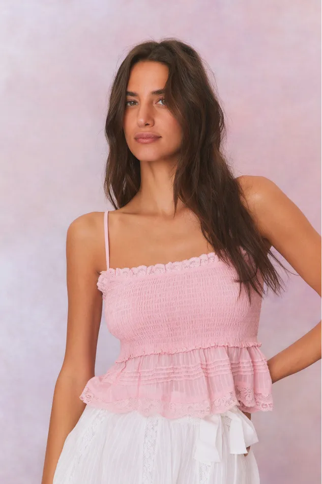 Women Tops LoveShackFancy Marzenia Cotton Smocked Top Cherry Pink