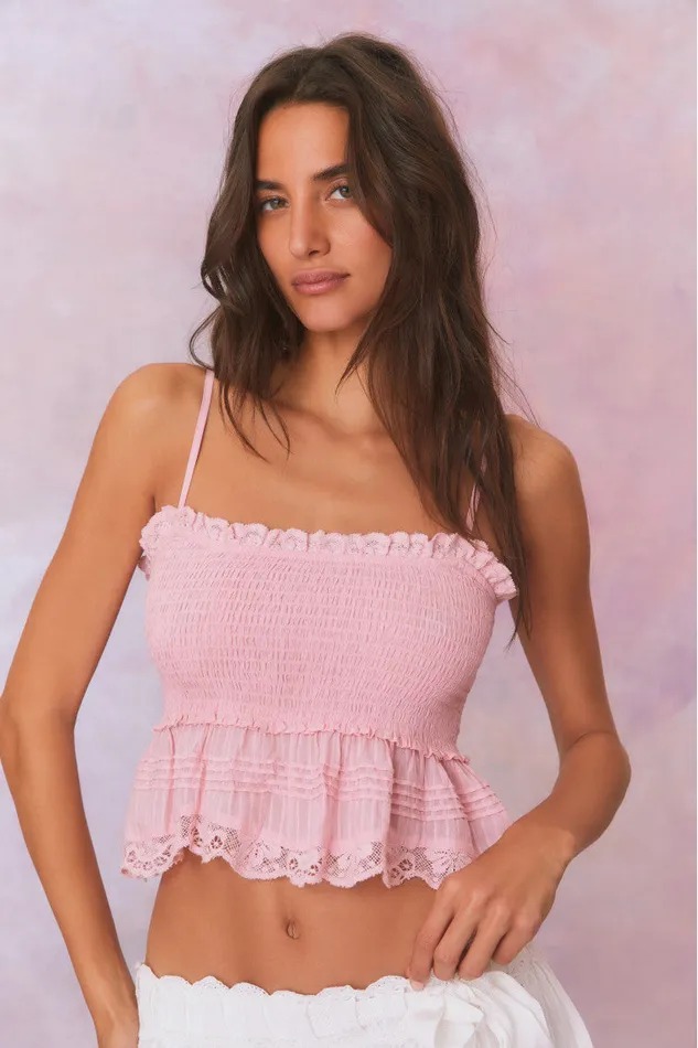 Women Tops LoveShackFancy Marzenia Cotton Smocked Top Cherry Pink