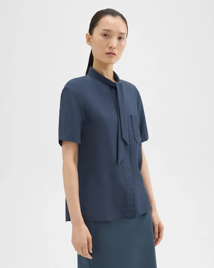 Women Tops Theory Tie Neck Silk Shirt Eclipse