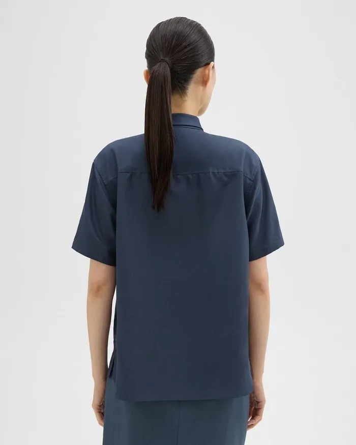 Women Tops Theory Tie Neck Silk Shirt Eclipse
