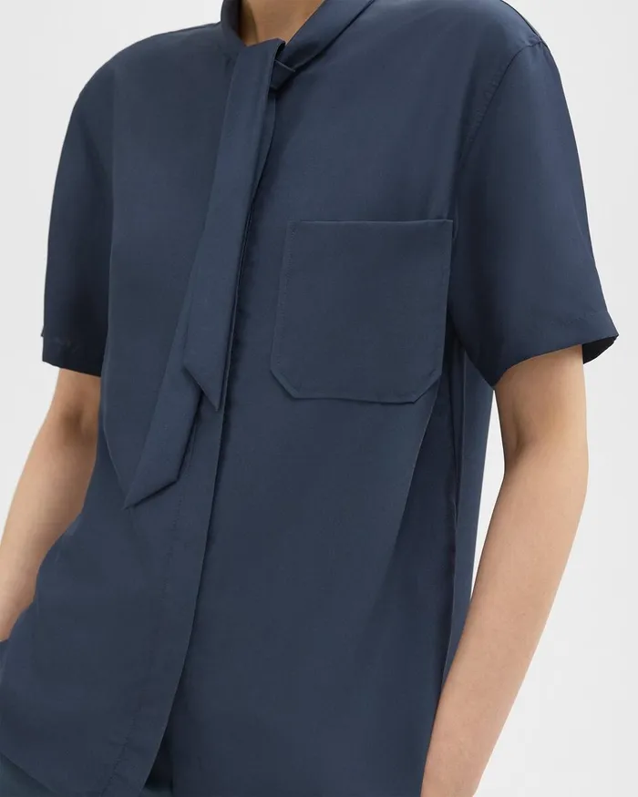 Women Tops Theory Tie Neck Silk Shirt Eclipse
