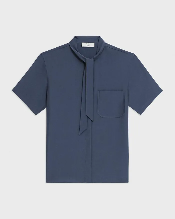 Women Tops Theory Tie Neck Silk Shirt Eclipse